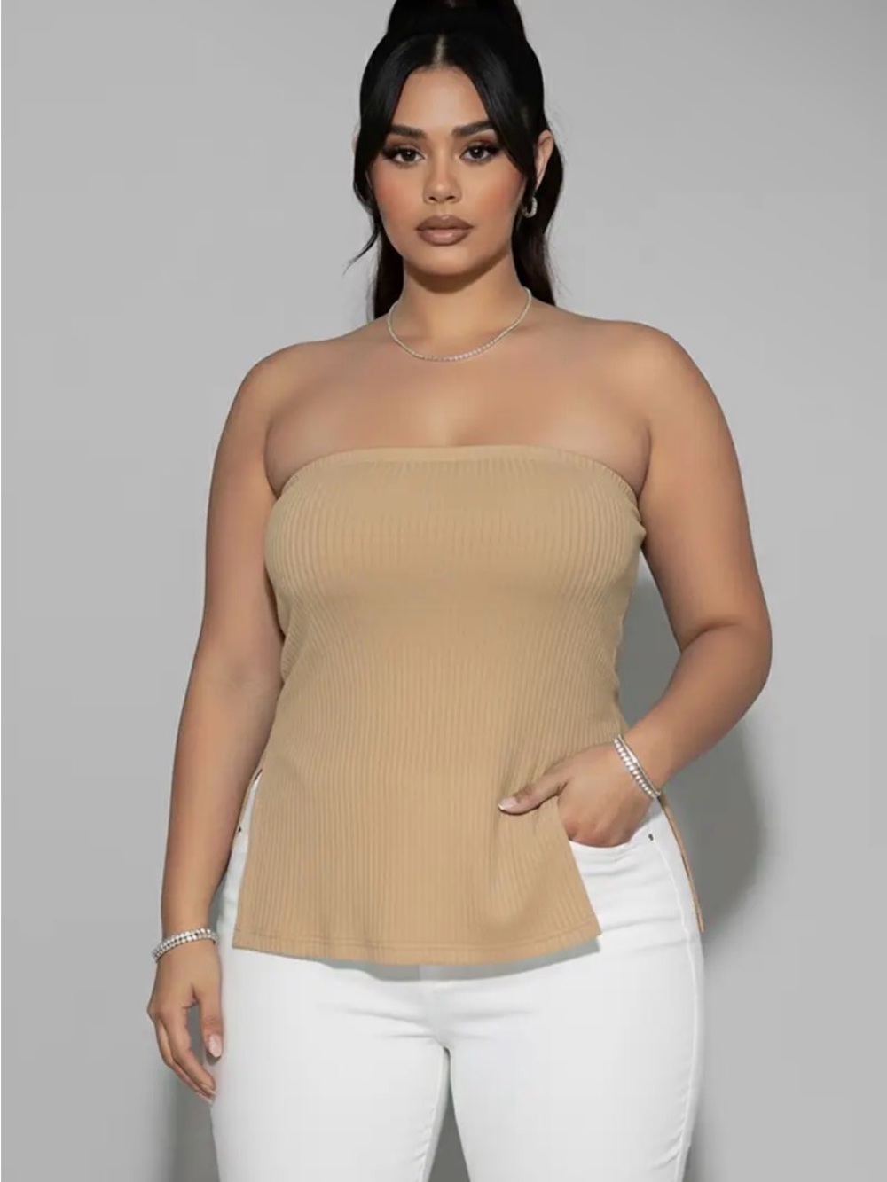 Ribbed Strapless top in Tan